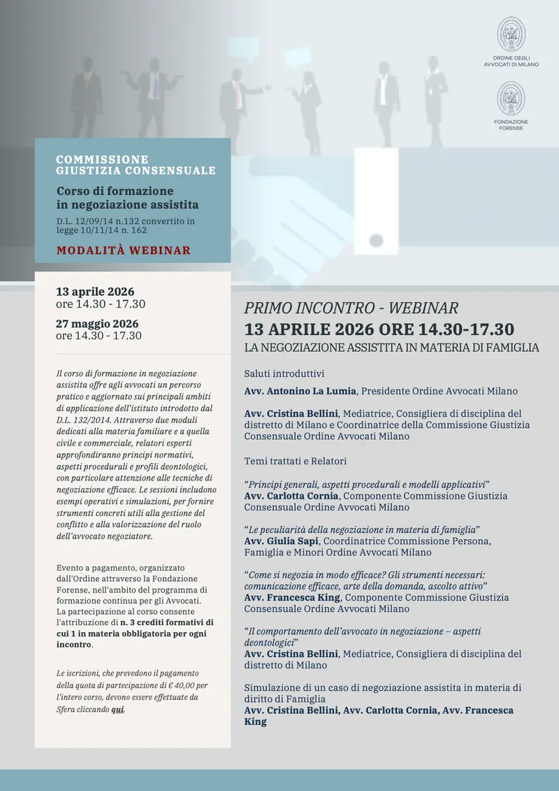 Locandina: La negoziazione assistita in materia di famiglia