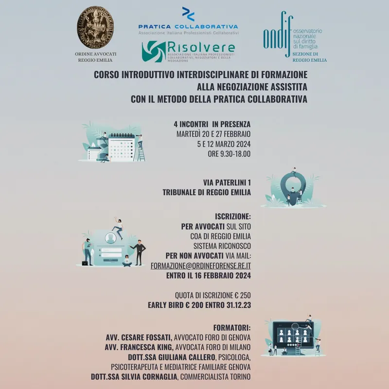 Locandina: Corso introduttivo interdisciplinare di formazione alla negoziazione assistita con la pratica collaborativa