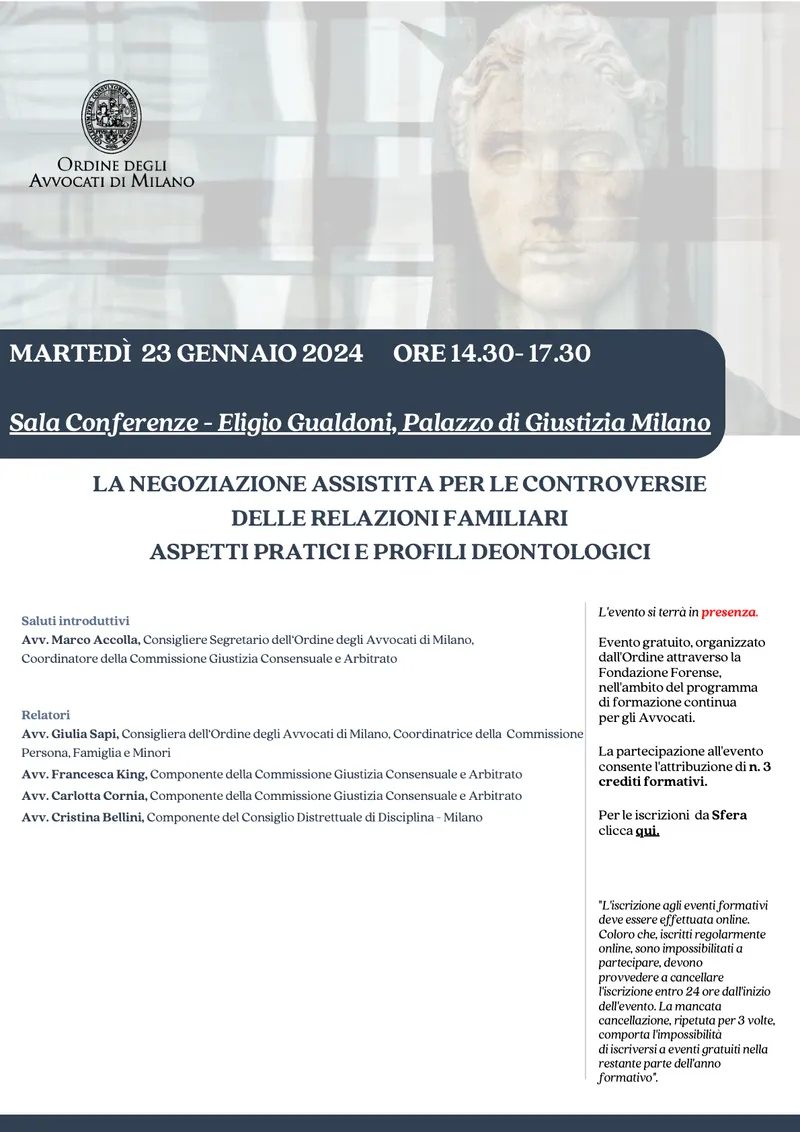 Locandina: La negoziazione assistita per le controversie nelle relazioni familiari. Aspetti pratici e profili deontologici